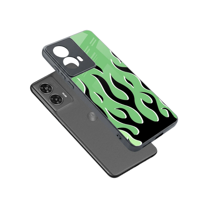 Y2K Retro Green Flames sleek motorola edge 50 fusion cover with tempered glass back and TPU edges