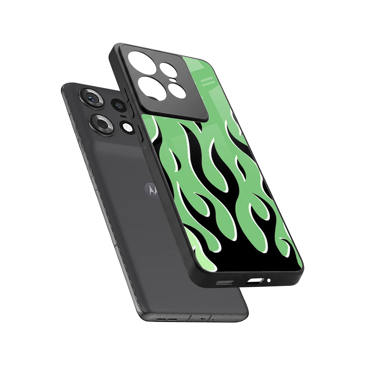 Y2K Retro Green Flames sleek motorola edge 50 pro cover with tempered glass back and TPU edges
