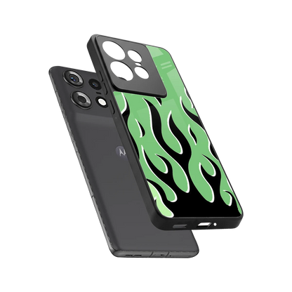 Y2K Retro Green Flames sleek motorola edge 50 pro cover with tempered glass back and TPU edges