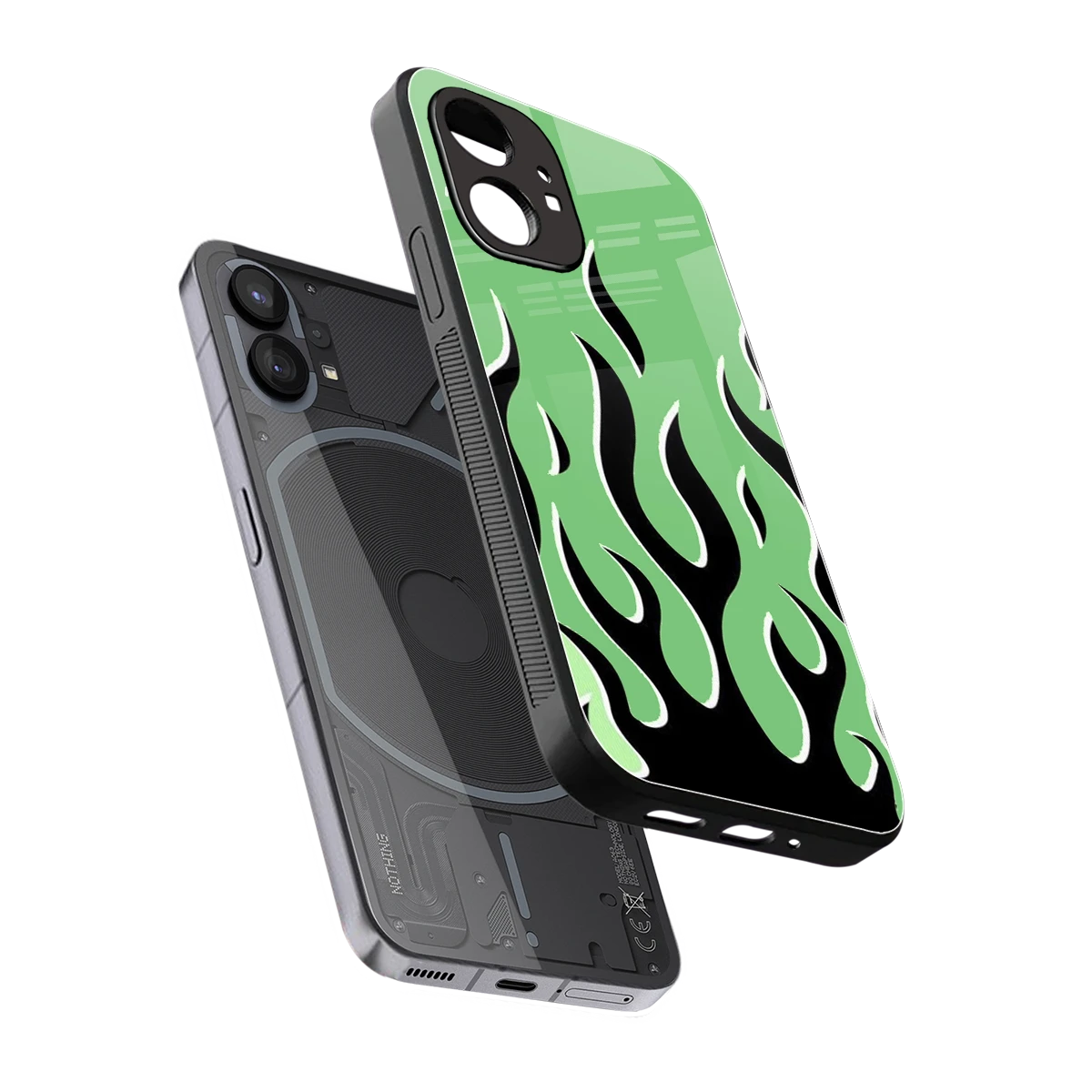 Y2K Retro Green Flames sleek nothing phone 1 cover with tempered glass back and TPU edges