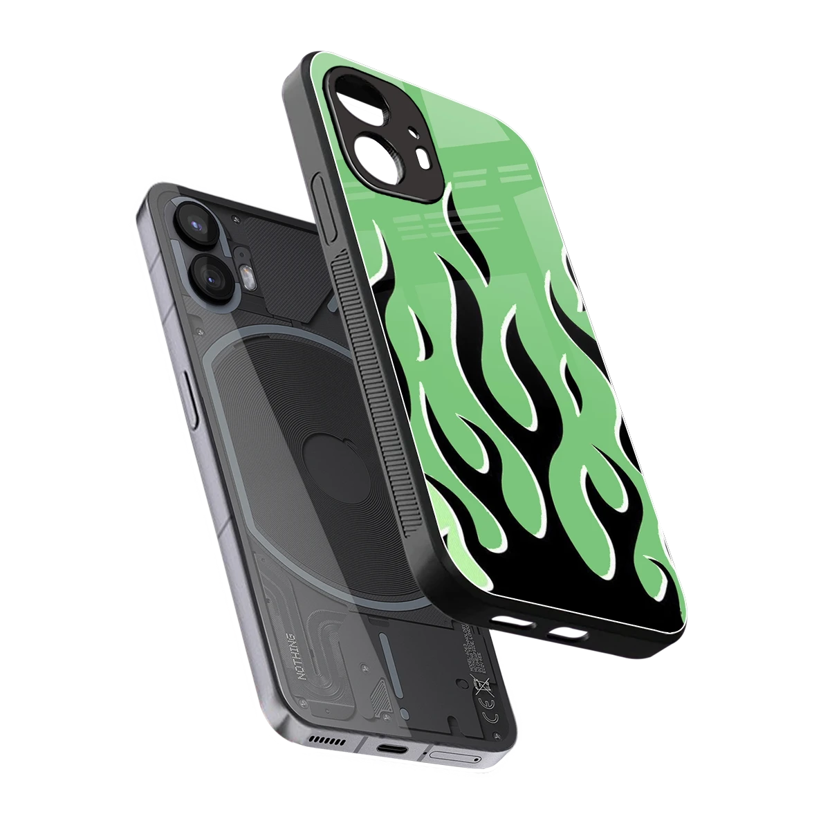 Y2K Retro Green Flames sleek nothing phone 2 cover with tempered glass back and TPU edges
