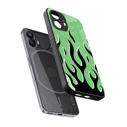 Y2K Retro Green Flames sleek nothing phone 2 cover with tempered glass back and TPU edges