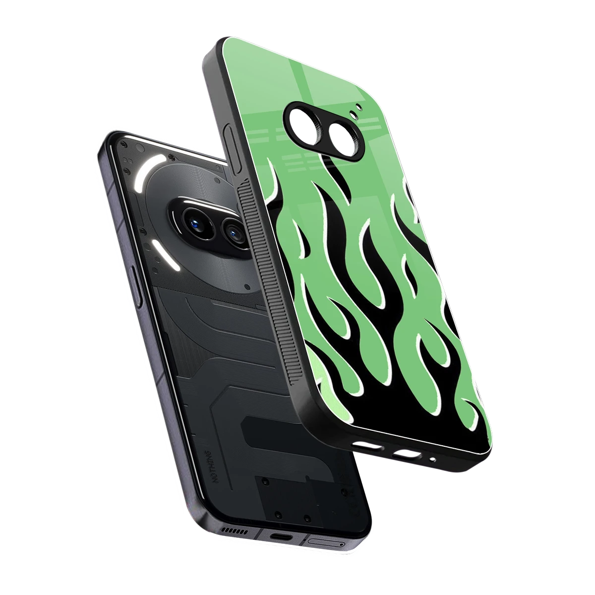 Y2K Retro Green Flames sleek nothing phone 2a plus cover with tempered glass back and TPU edges