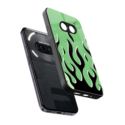 Y2K Retro Green Flames sleek nothing phone 2a plus cover with tempered glass back and TPU edges