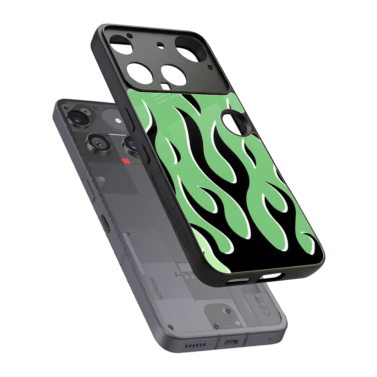 Y2K Retro Green Flames sleek nothing phone 3 cover with tempered glass back and TPU edges