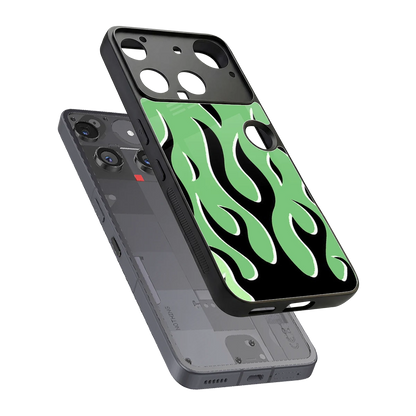 Y2K Retro Green Flames sleek nothing phone 3 cover with tempered glass back and TPU edges