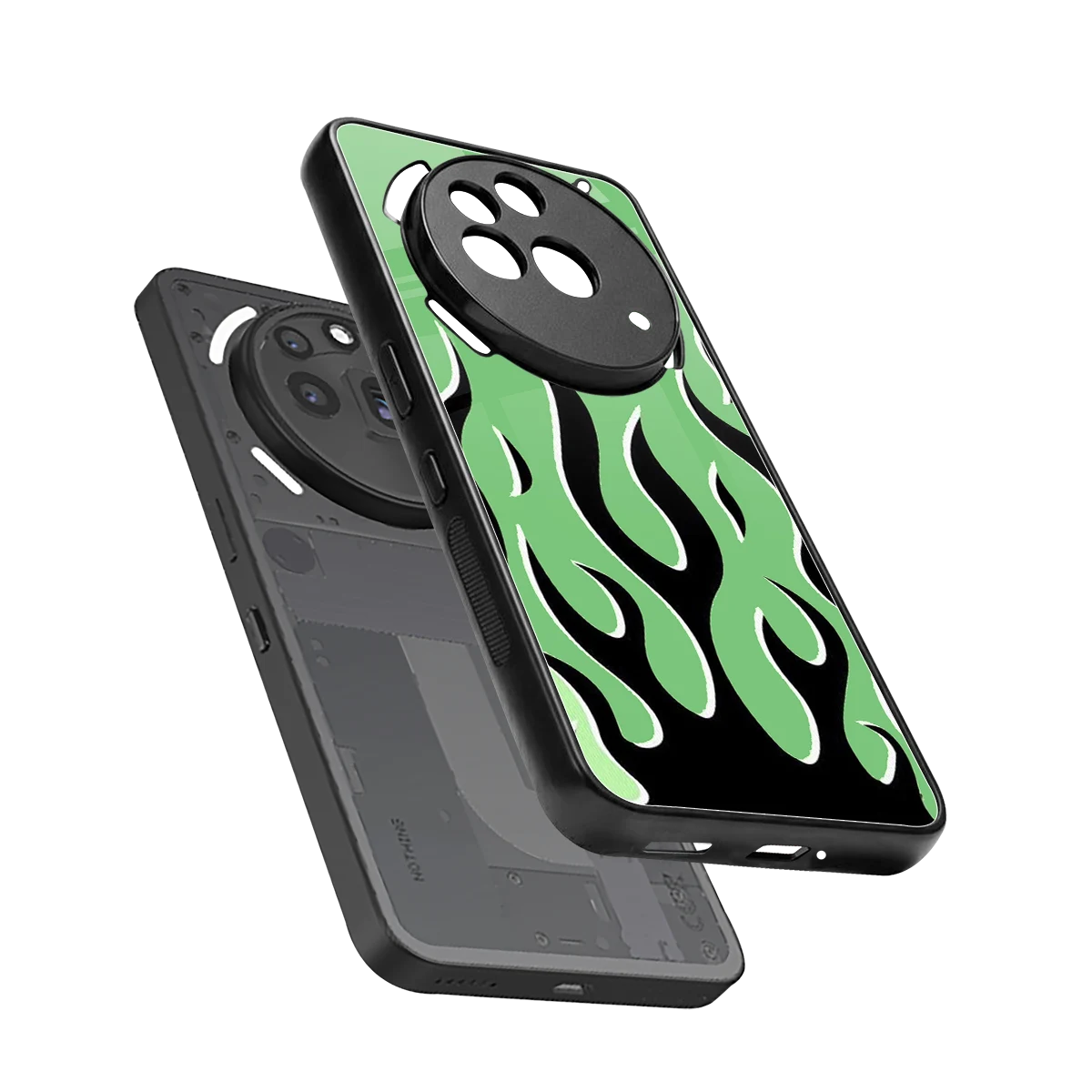 Y2K Retro Green Flames sleek nothing phone 3a pro cover with tempered glass back and TPU edges