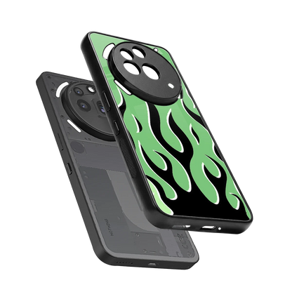 Y2K Retro Green Flames sleek nothing phone 3a pro cover with tempered glass back and TPU edges