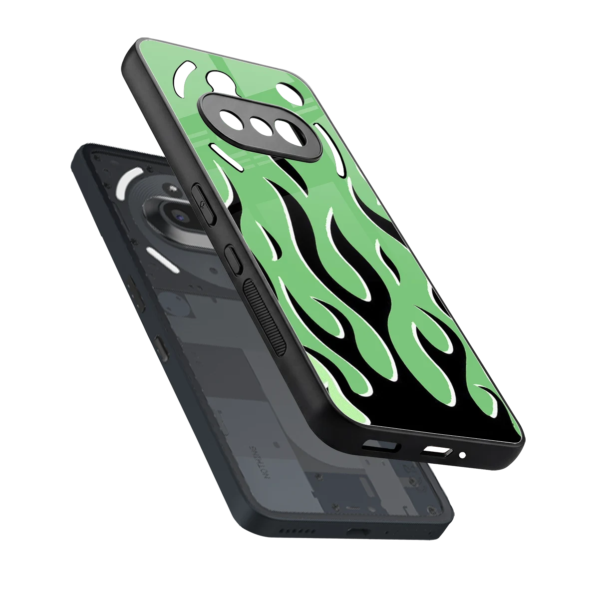 Y2K Retro Green Flames sleek nothing phone 3a cover with tempered glass back and TPU edges