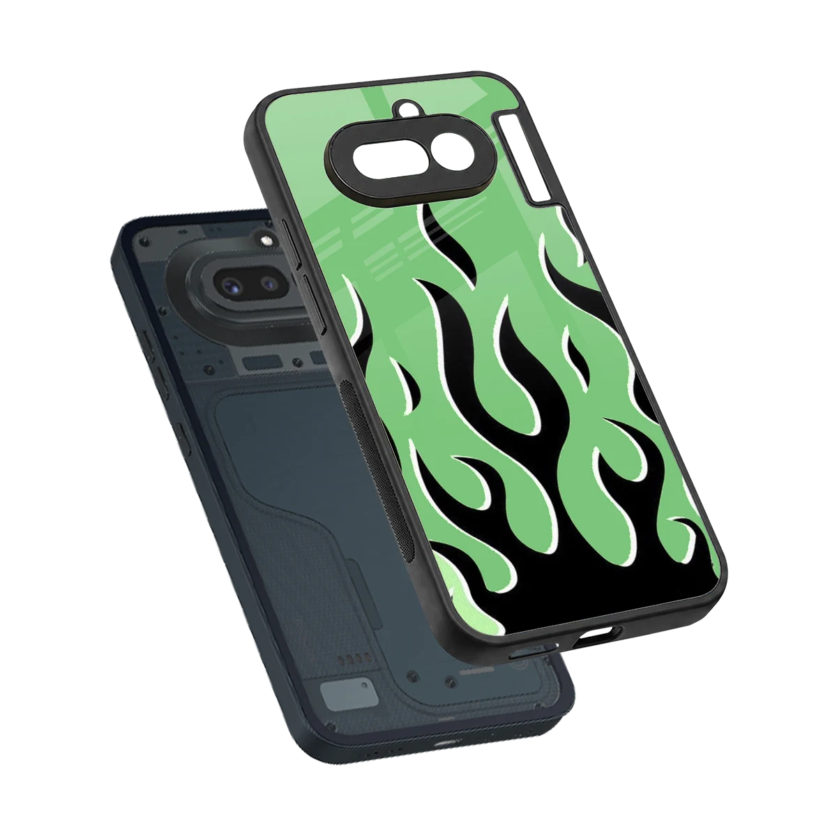 Y2K Retro Green Flames sleek nothing phone 4a cover with tempered glass back and TPU edges