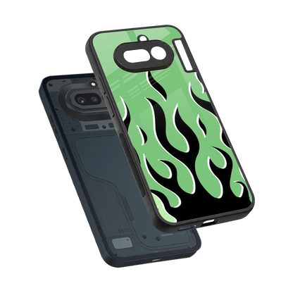 Y2K Retro Green Flames sleek nothing phone 4a cover with tempered glass back and TPU edges