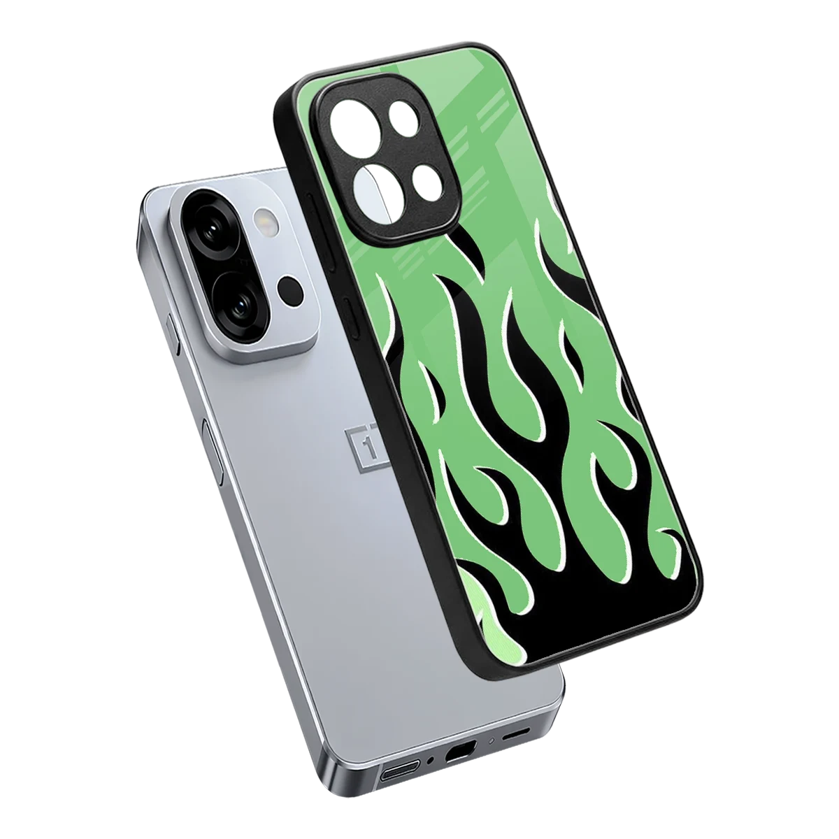 Y2K Retro Green Flames sleek oneplus 13s cover with tempered glass back and TPU edges