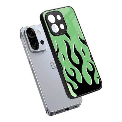 Y2K Retro Green Flames sleek oneplus 13s cover with tempered glass back and TPU edges