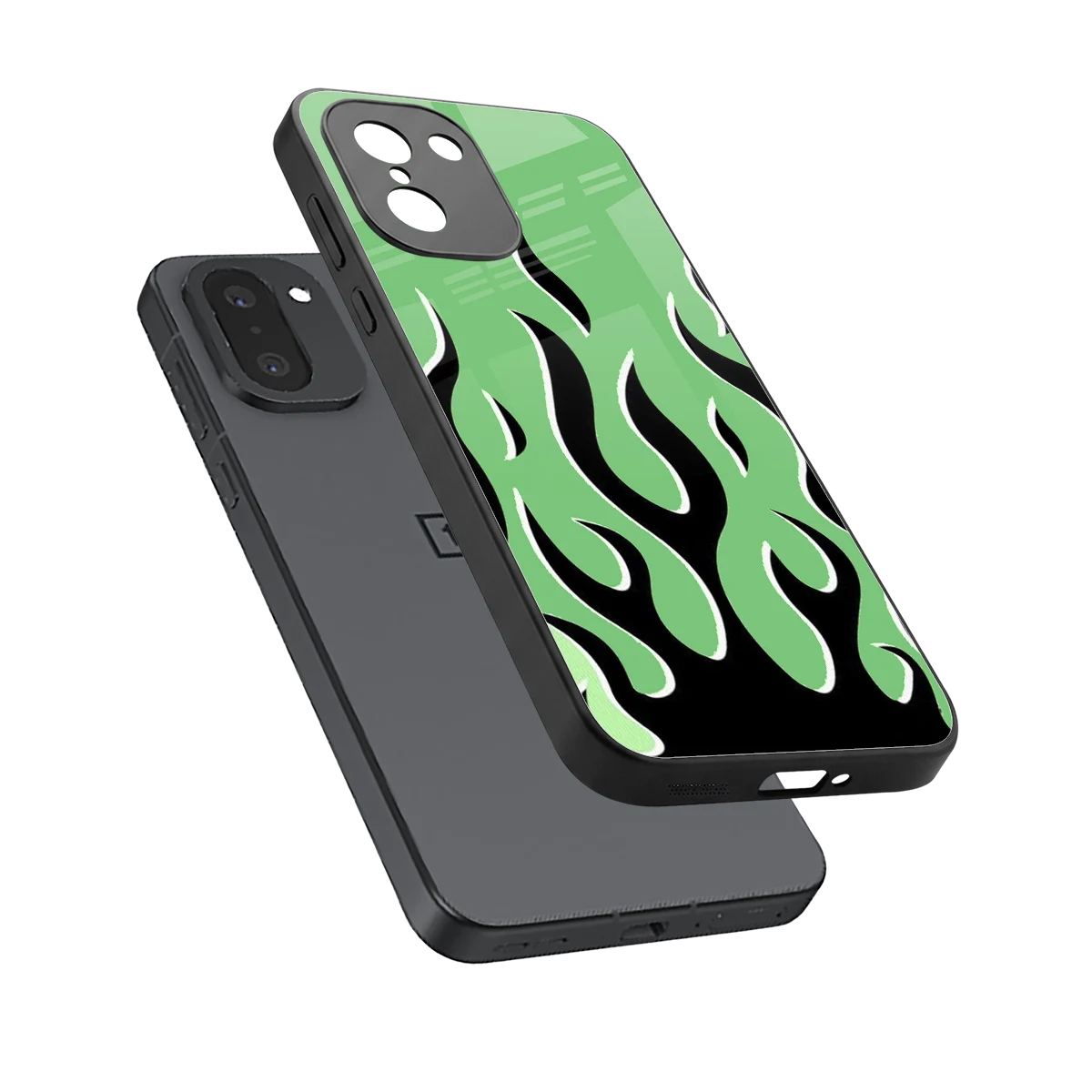 Y2K Retro Green Flames sleek oneplus 15r cover with tempered glass back and TPU edges