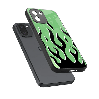 Y2K Retro Green Flames sleek oneplus 15r cover with tempered glass back and TPU edges