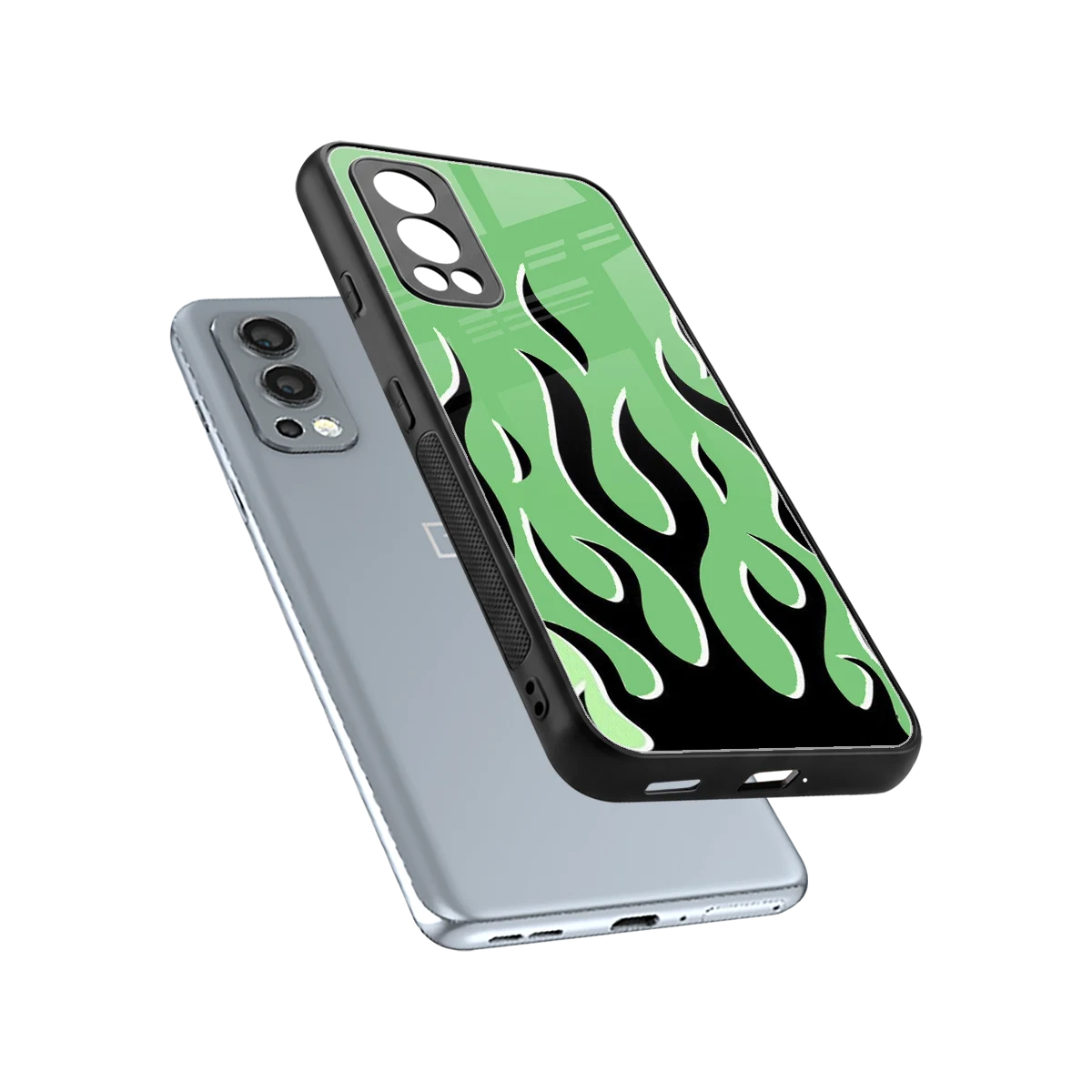 Y2K Retro Green Flames sleek oneplus nord 2 cover with tempered glass back and TPU edges