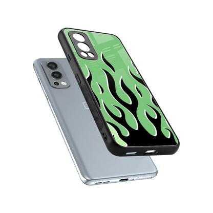 Y2K Retro Green Flames sleek oneplus nord 2 cover with tempered glass back and TPU edges