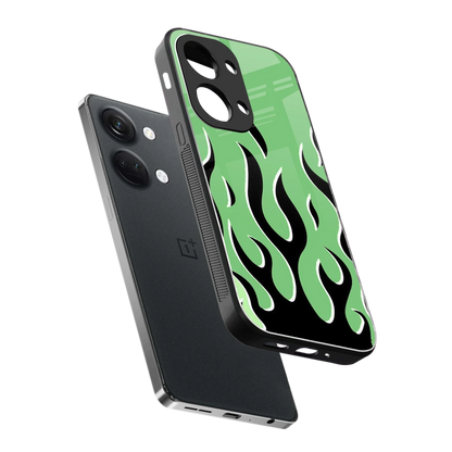 Y2K Retro Green Flames sleek oneplus nord 3 cover with tempered glass back and TPU edges