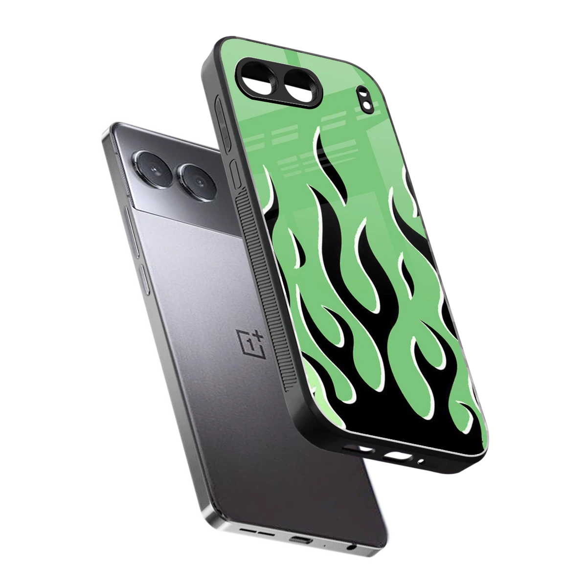 Y2K Retro Green Flames sleek oneplus nord 4 cover with tempered glass back and TPU edges