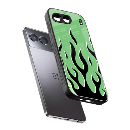 Y2K Retro Green Flames sleek oneplus nord 4 cover with tempered glass back and TPU edges