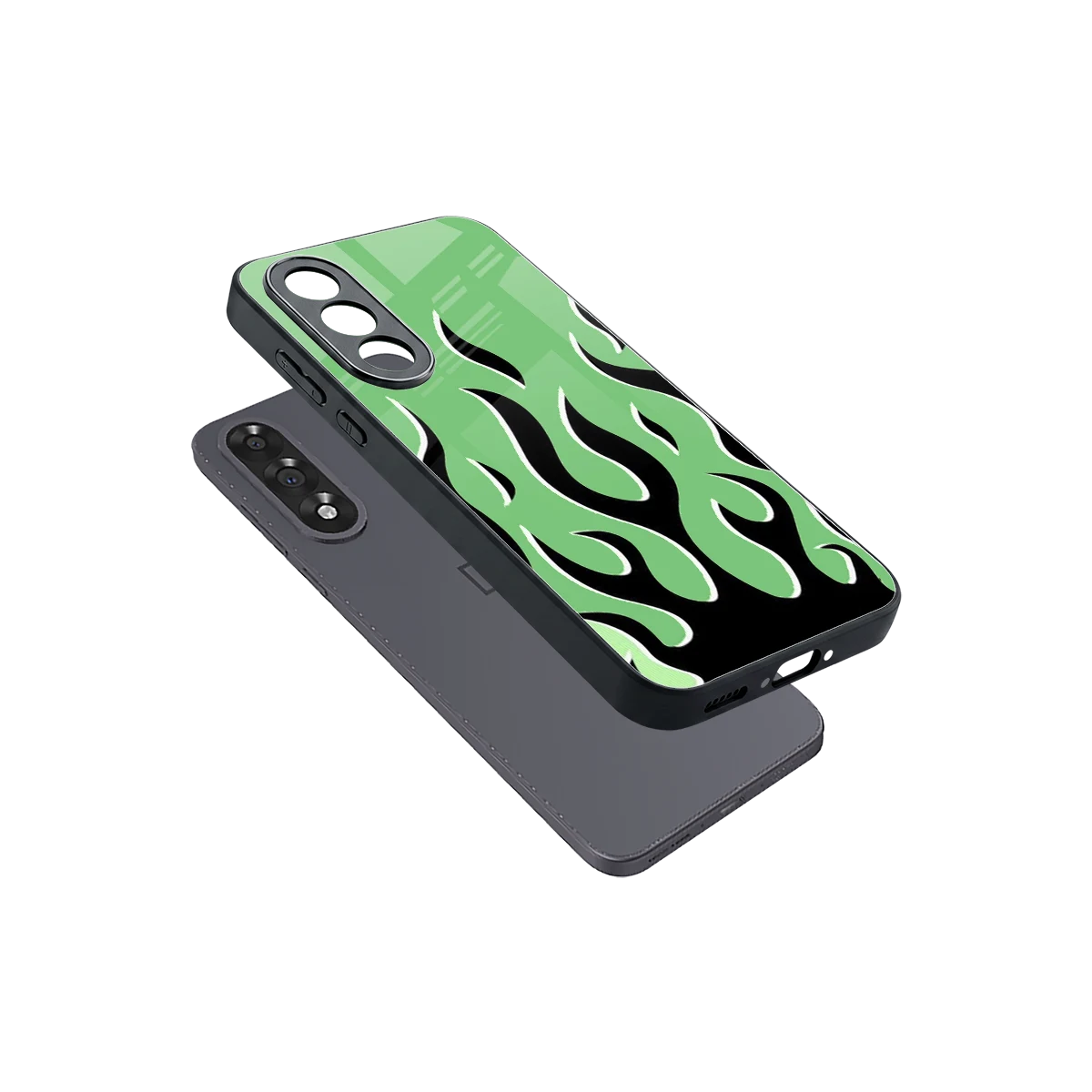 Y2K Retro Green Flames sleek oneplus nord 5 cover with tempered glass back and TPU edges