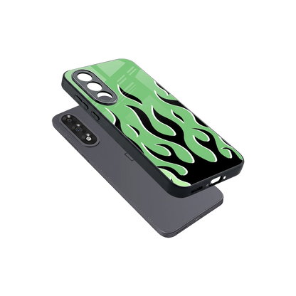 Y2K Retro Green Flames sleek oneplus nord 5 cover with tempered glass back and TPU edges