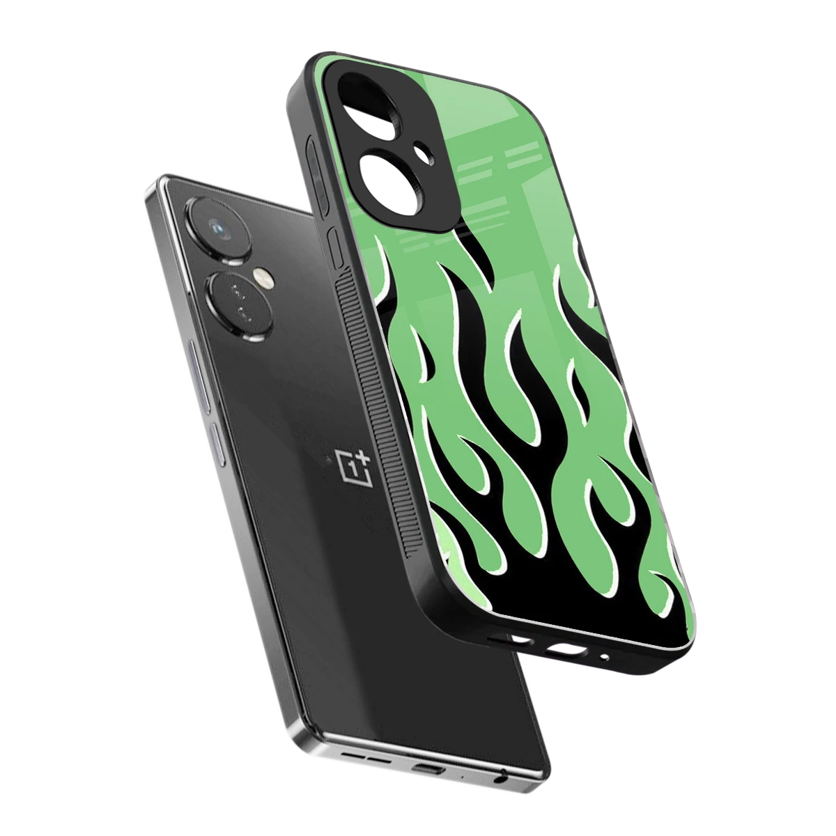 Y2K Retro Green Flames sleek oneplus nord ce 3 cover with tempered glass back and TPU edges