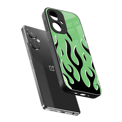 Y2K Retro Green Flames sleek oneplus nord ce 3 cover with tempered glass back and TPU edges
