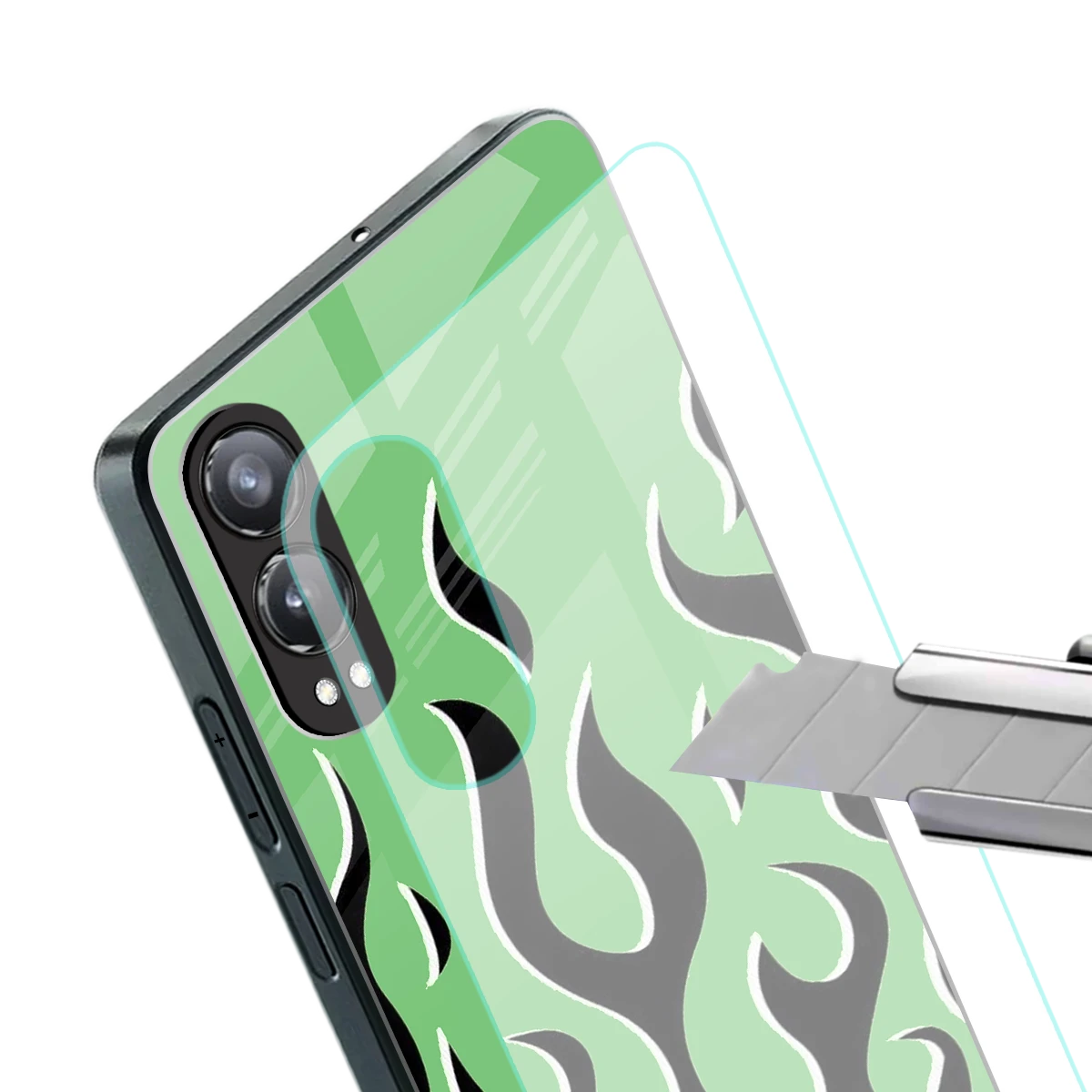 Y2K Retro Green Flames stylish phone case for oneplus nord ce 4 lite | glossy glass and slim fit