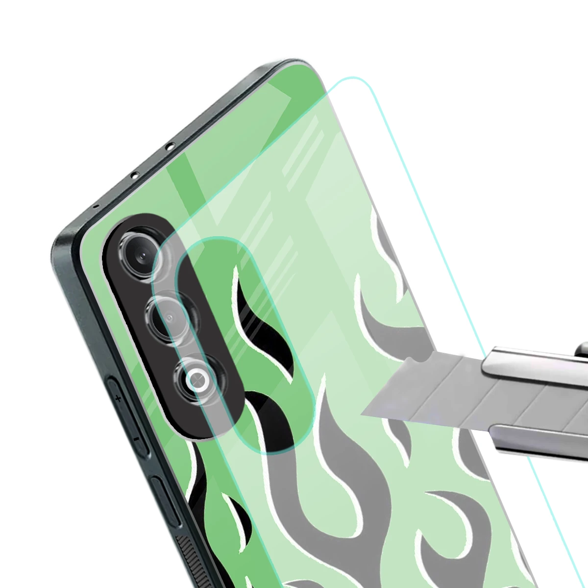 Y2K Retro Green Flames stylish phone case for oneplus nord ce 4 | glossy glass and slim fit