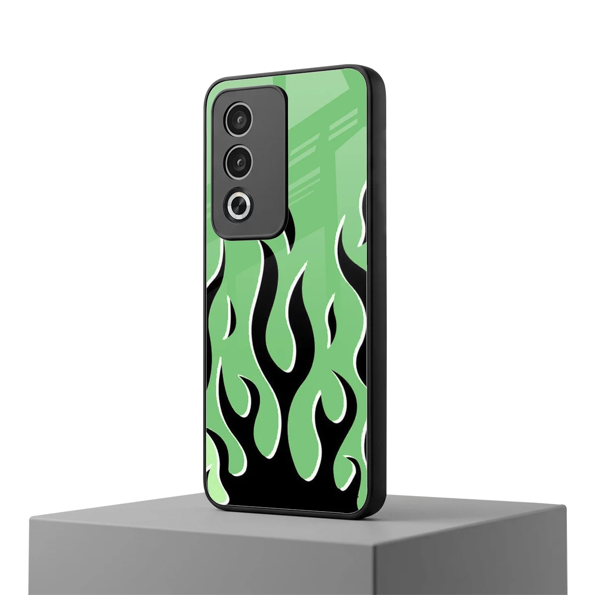 Y2K Retro Green Flames oppo a3 pro mobile cover | shockproof glass phone case