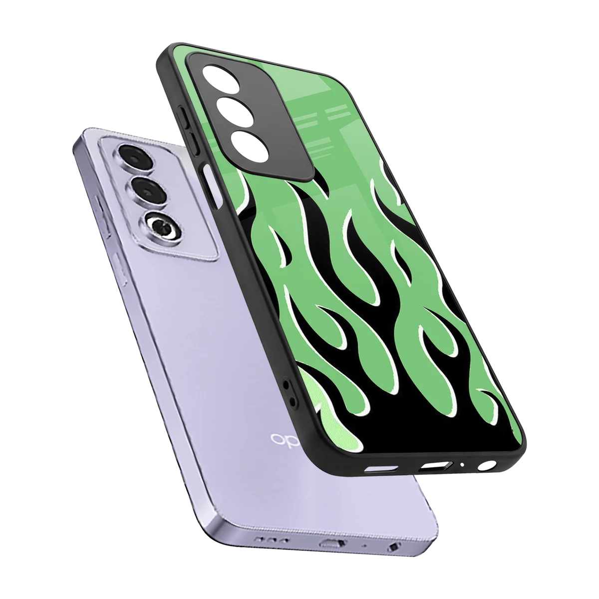 Y2K Retro Green Flames sleek oppo a3 pro cover with tempered glass back and TPU edges