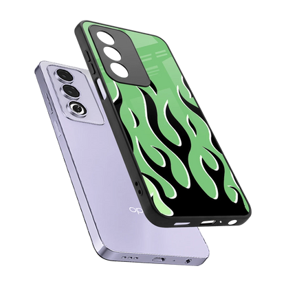 Y2K Retro Green Flames sleek oppo a3 pro cover with tempered glass back and TPU edges