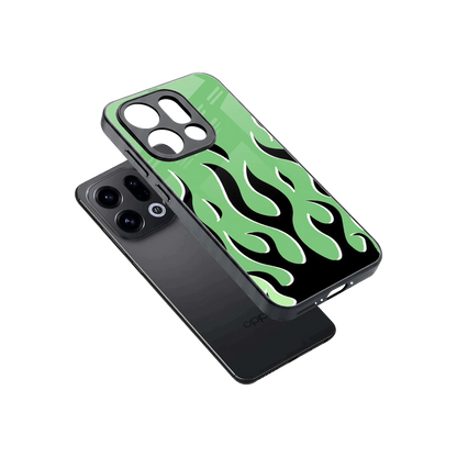 Y2K Retro Green Flames sleek oppo find x9 cover with tempered glass back and TPU edges