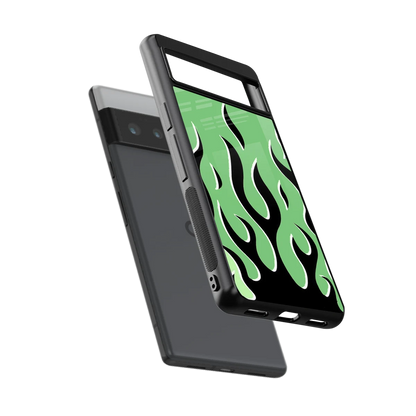 Y2K Retro Green Flames sleek google pixel 6 pro cover with tempered glass back and TPU edges