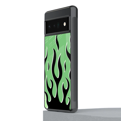Y2K Retro Green Flames stylish phone case for google pixel 6 pro | glossy glass and slim fit
