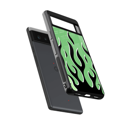 Y2K Retro Green Flames sleek google pixel 6 cover with tempered glass back and TPU edges