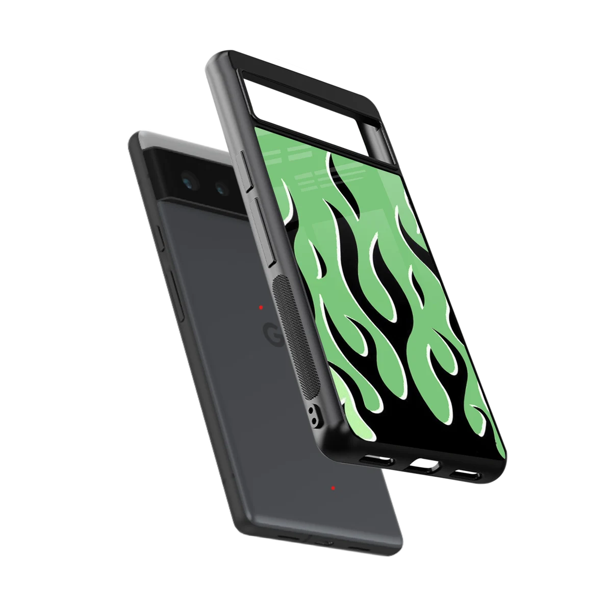 Y2K Retro Green Flames sleek google pixel 6a cover with tempered glass back and TPU edges