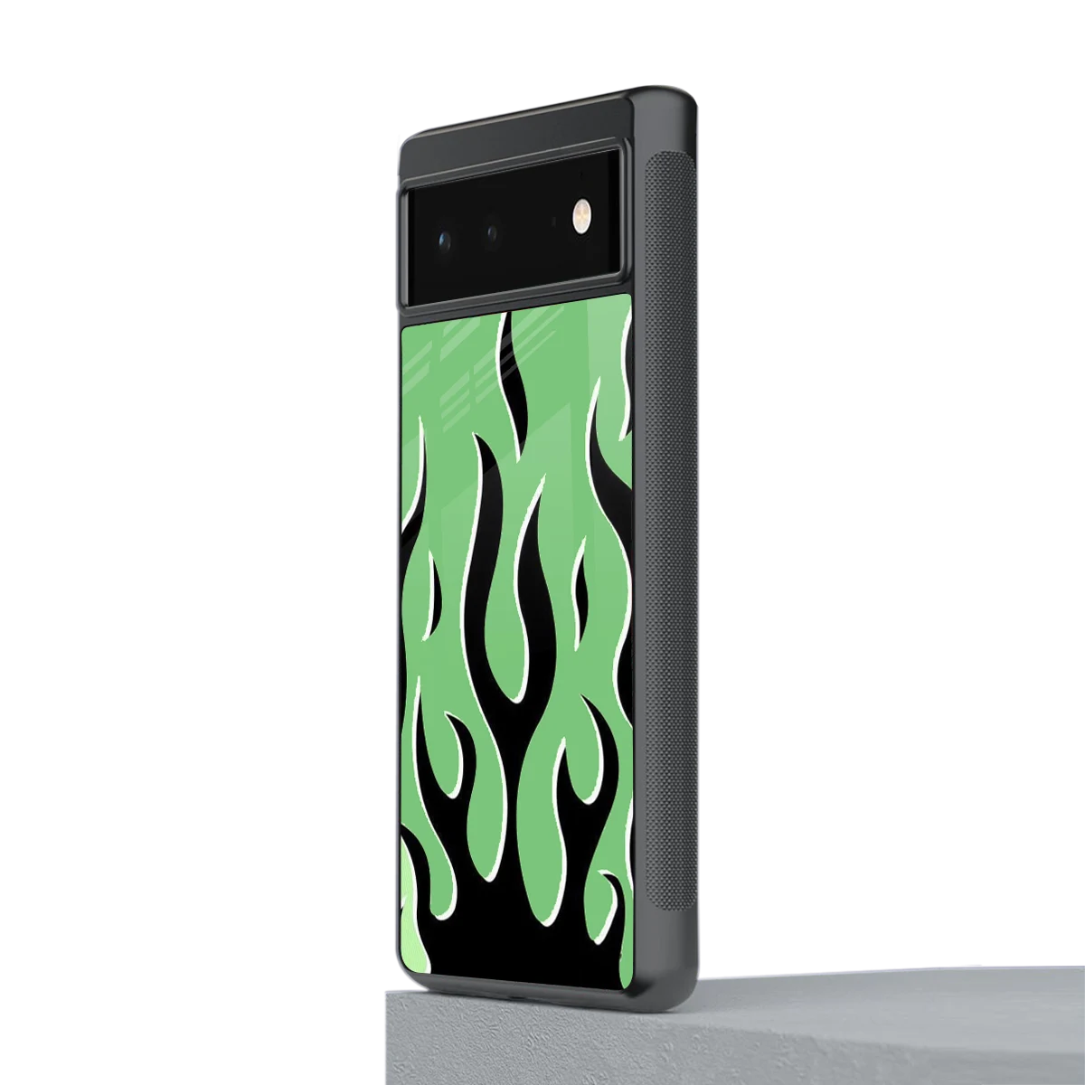 Y2K Retro Green Flames stylish phone case for google pixel 6a | glossy glass and slim fit