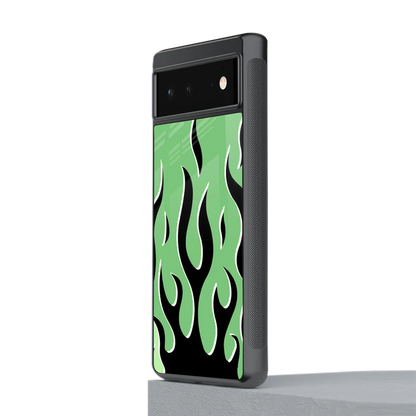 Y2K Retro Green Flames stylish phone case for google pixel 6a | glossy glass and slim fit