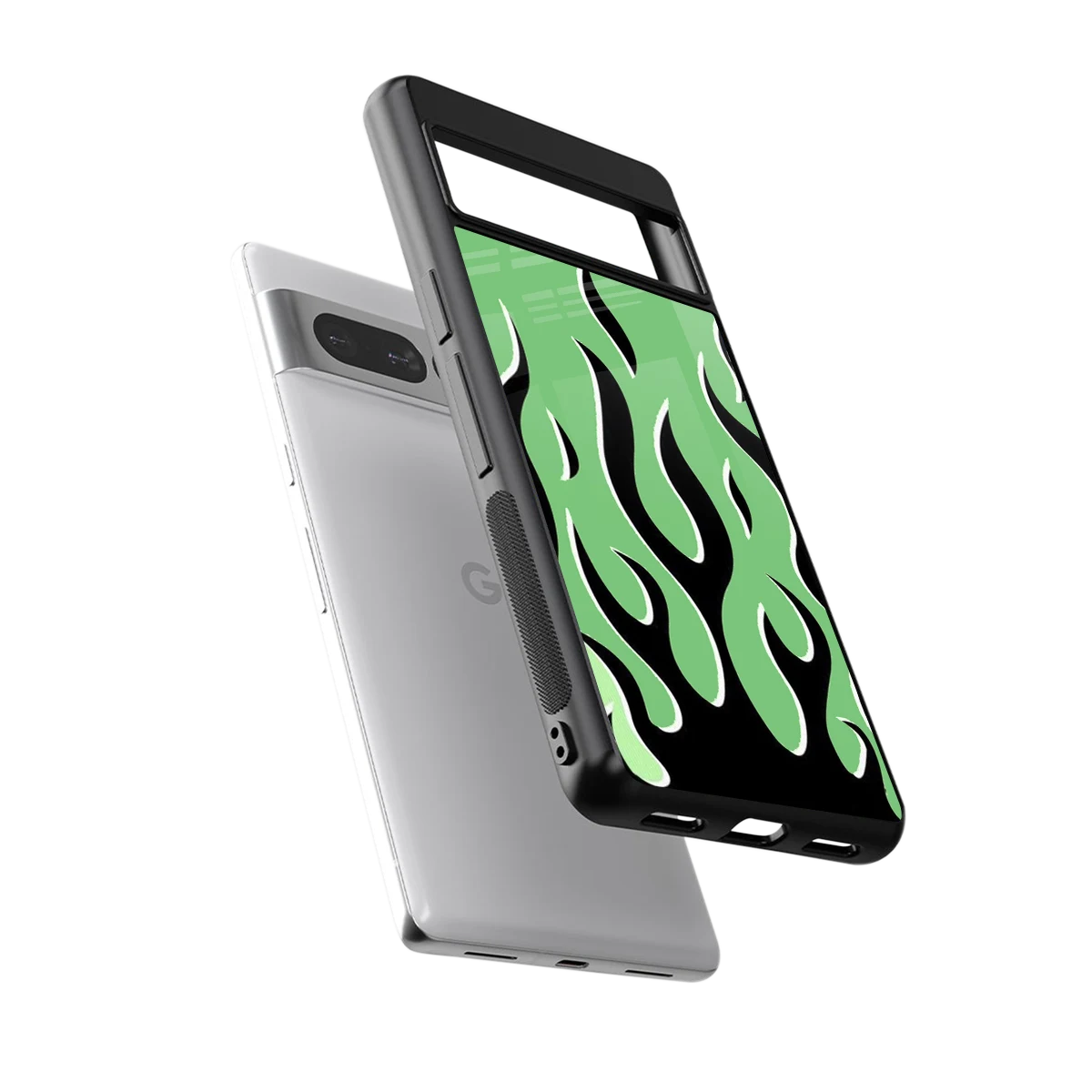 Y2K Retro Green Flames sleek google pixel 7 pro cover with tempered glass back and TPU edges