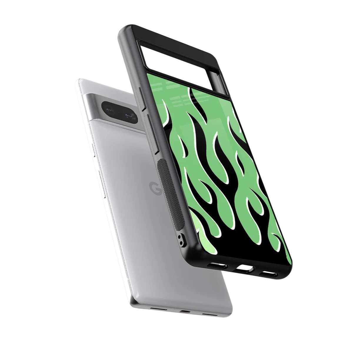 Y2K Retro Green Flames sleek google pixel 7a cover with tempered glass back and TPU edges