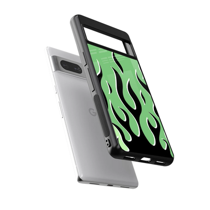 Y2K Retro Green Flames sleek google pixel 7a cover with tempered glass back and TPU edges
