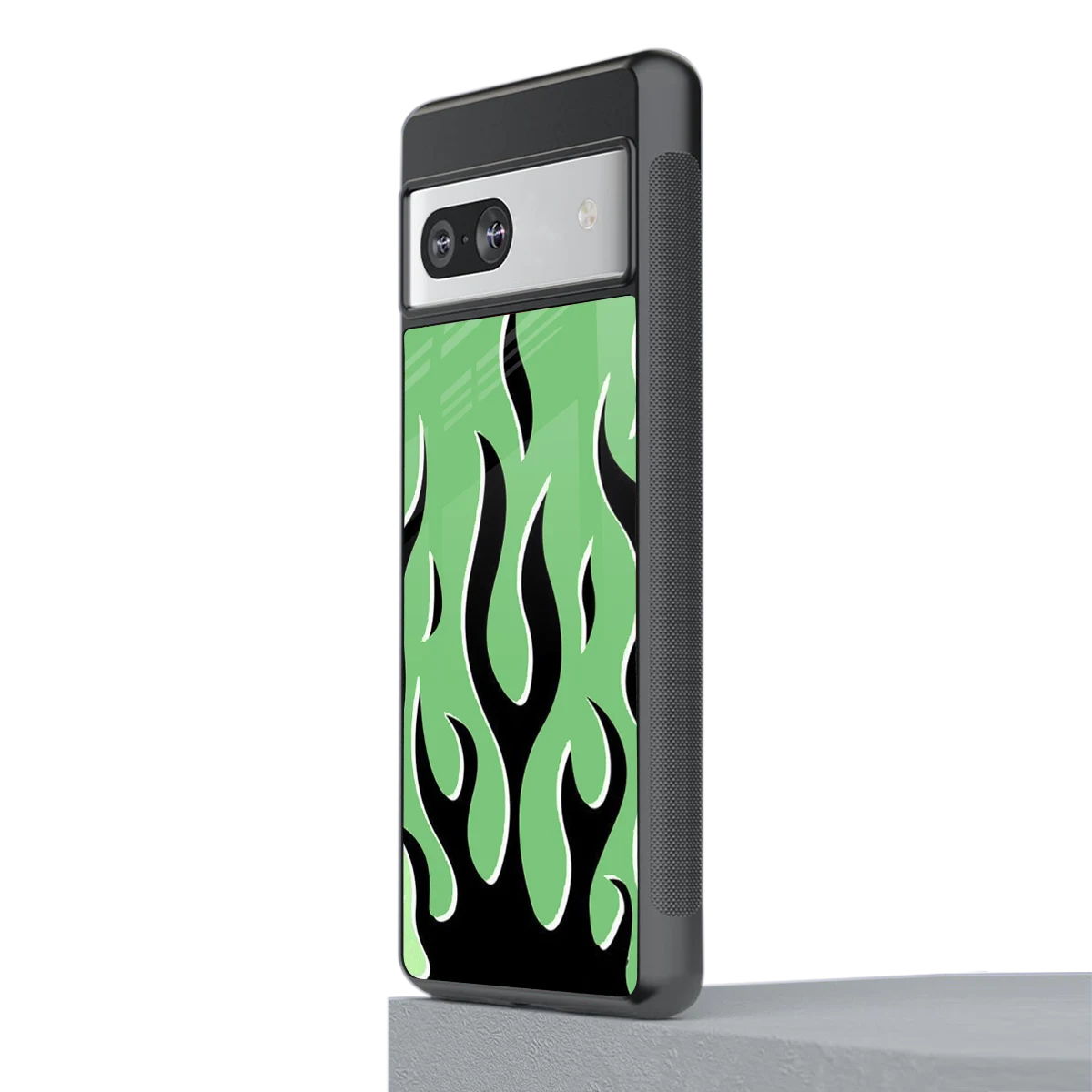 Y2K Retro Green Flames stylish phone case for google pixel 7a | glossy glass and slim fit