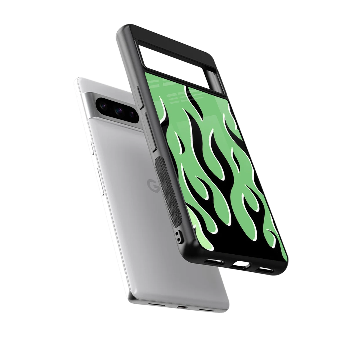 Y2K Retro Green Flames sleek google pixel 8 pro cover with tempered glass back and TPU edges
