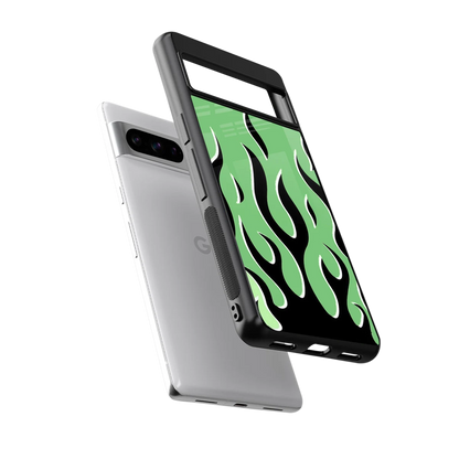 Y2K Retro Green Flames sleek google pixel 8 pro cover with tempered glass back and TPU edges