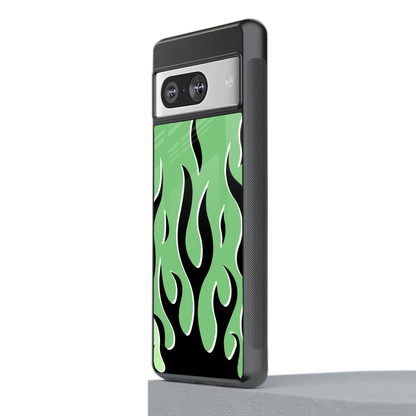 Y2K Retro Green Flames stylish phone case for google pixel 8 | glossy glass and slim fit