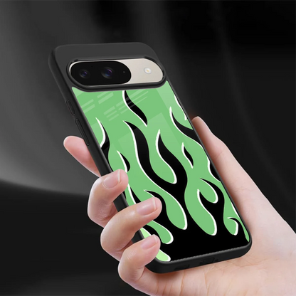 Y2K Retro Green Flames sleek google pixel 9 cover with tempered glass back and TPU edges