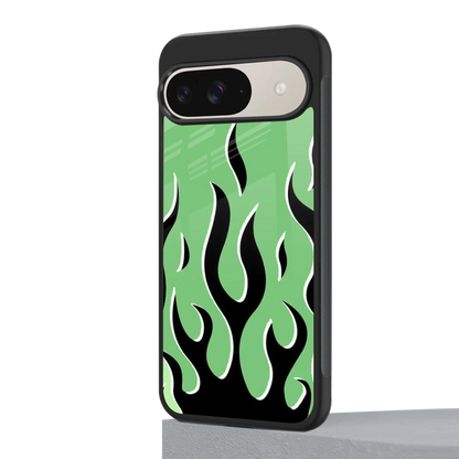 Y2K Retro Green Flames google pixel 9 mobile cover | shockproof glass phone case