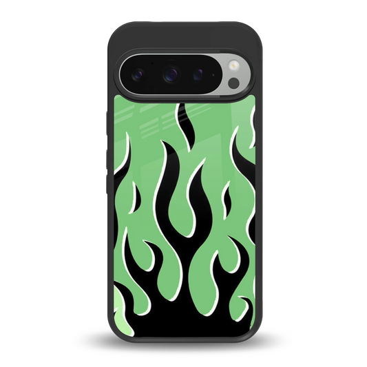 Y2K Retro Green Flames back phone cover | glass case for google pixel 9 pro xl